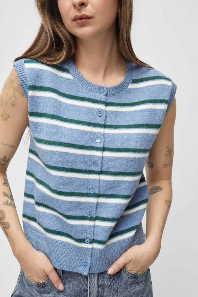 Camisole Boutonnée Emory Rayures Bleues, Vertes et Ivoires All Row