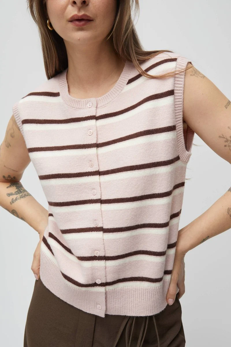 Camisole Boutonnée Emory Rayures Roses, Brunes et Ivoires All Row - Image 2