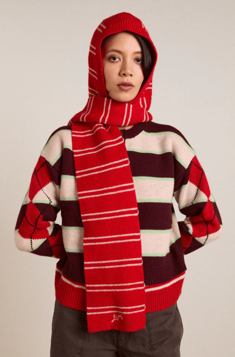 Capuchon avec Foulard Rayures Damson Madder Rouge et Avoine