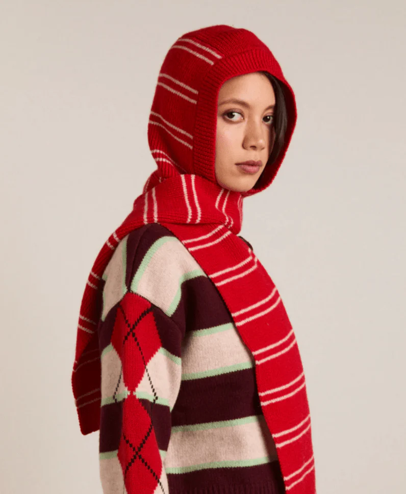 Capuchon avec Foulard Rayures Damson Madder Rouge et Avoine - Image 2