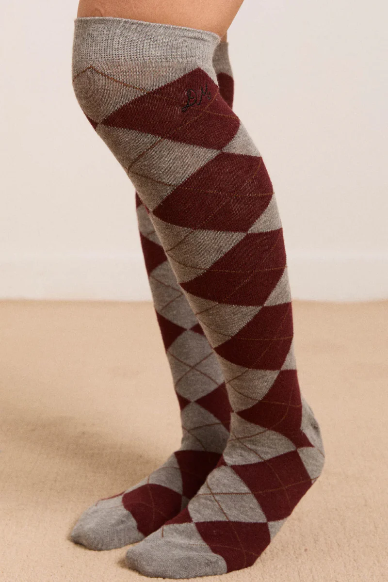 Chaussettes Genoux Argyle Damson Madder Gris et Brun