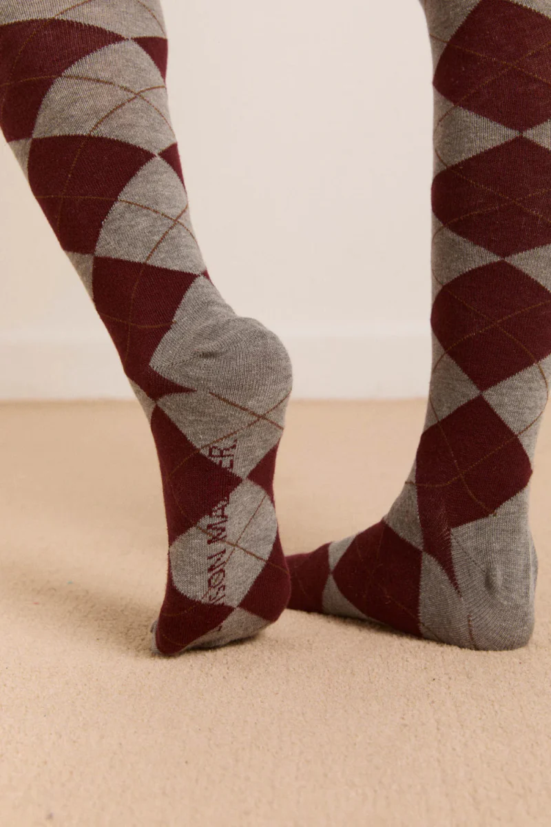 Chaussettes Genoux Argyle Damson Madder Gris et Brun - Image 3