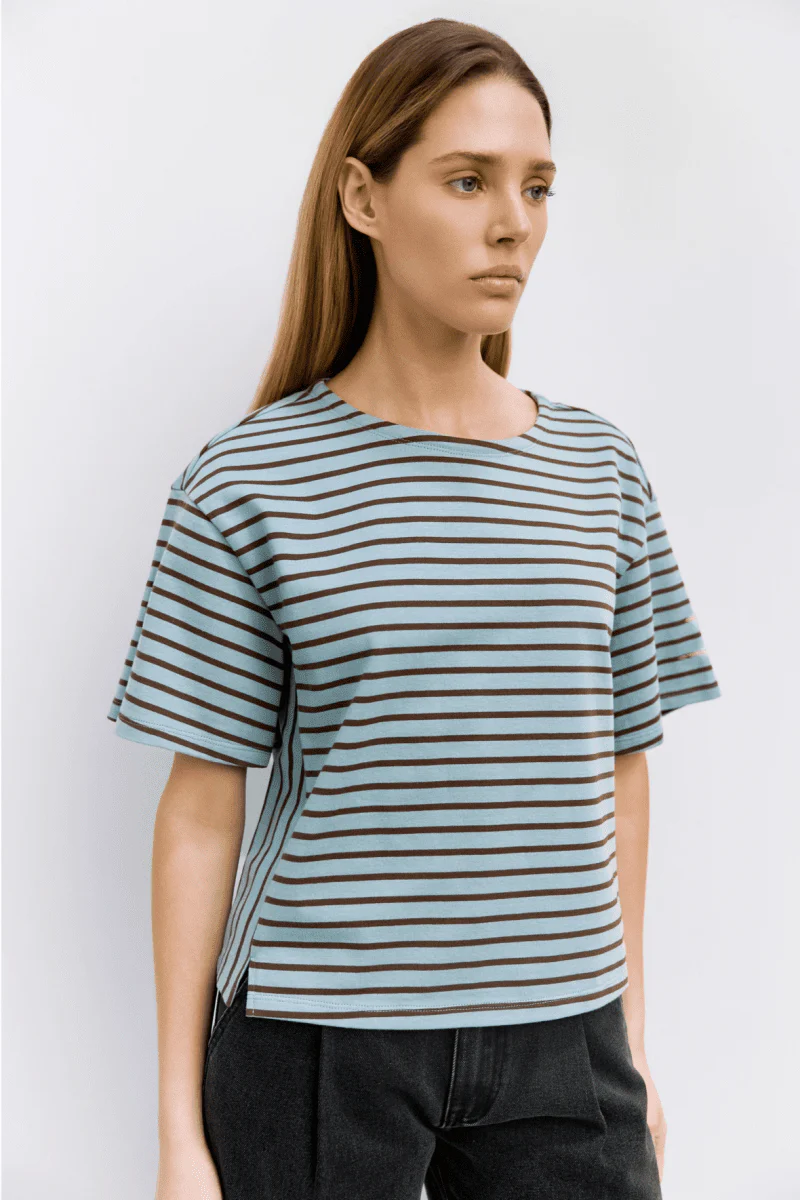 T-Shirt Cassandra Rayé Bleu et Brun Mod Ref - Image 3