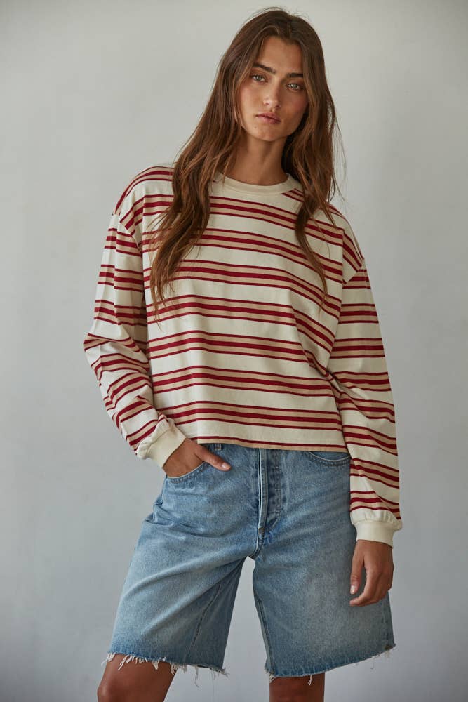 T-shirt Manches Longues Rayures Rouges et Taupes By Together