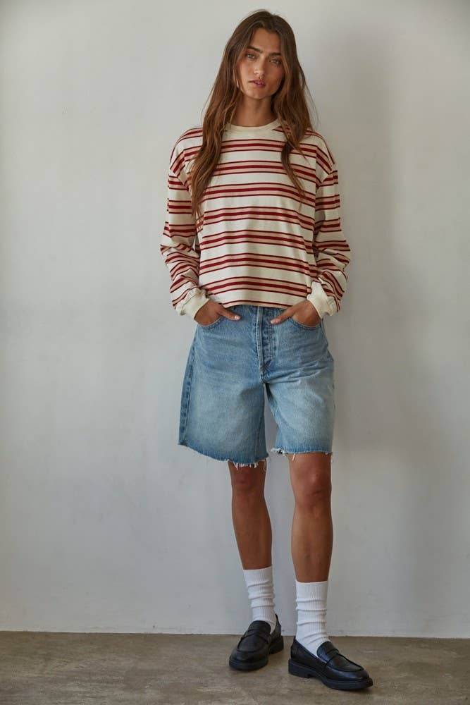 T-shirt Manches Longues Rayures Rouges et Taupes By Together - Image 2