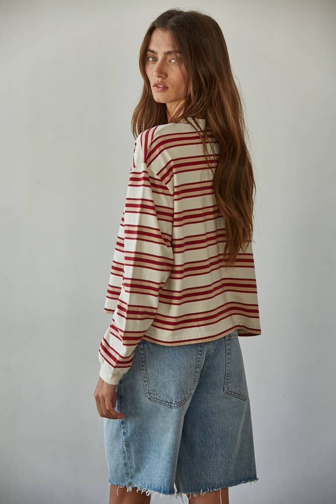 T-shirt Manches Longues Rayures Rouges et Taupes By Together - Image 3