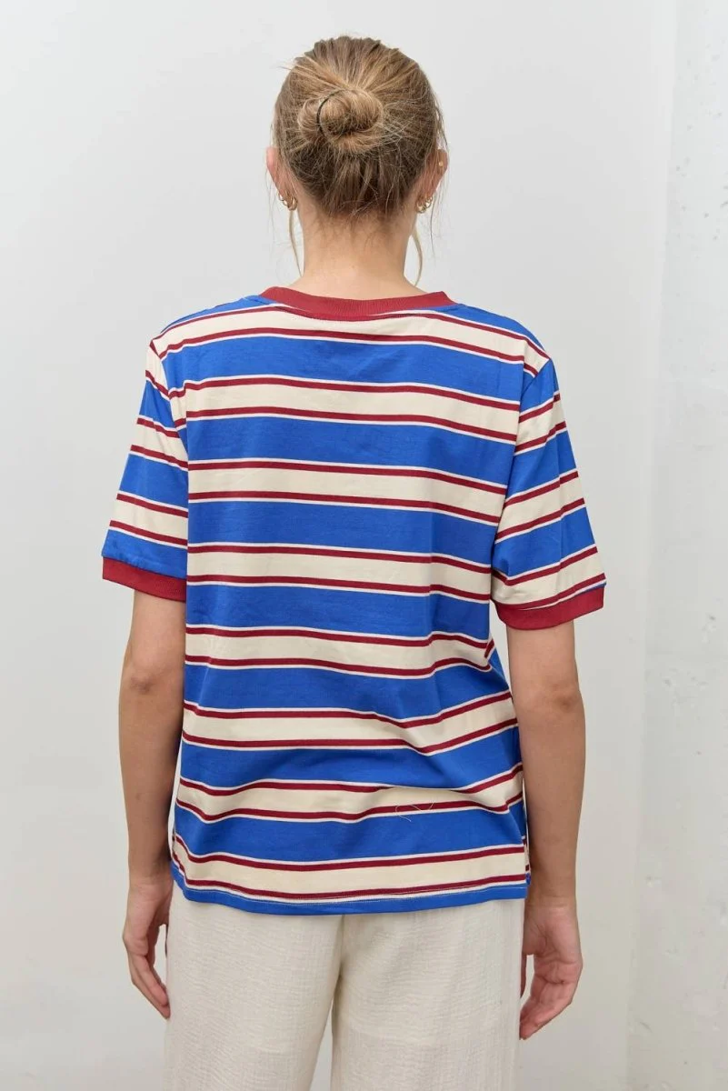 T-Shirt Rayé Col Contrastant Bleu et Rouge Polagram - Image 3