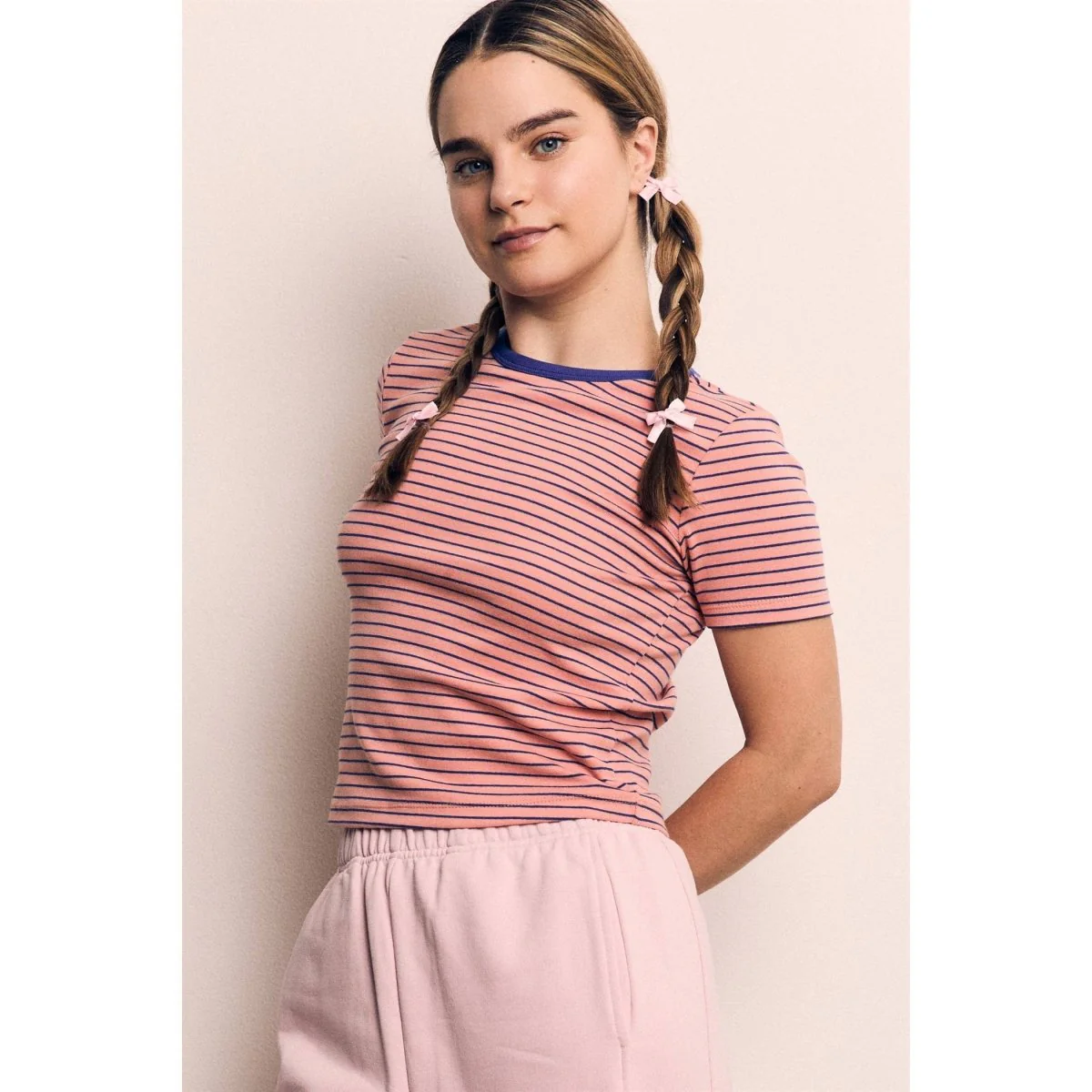 T-Shirt Rayures Roses Col Bleu The Blank Lab